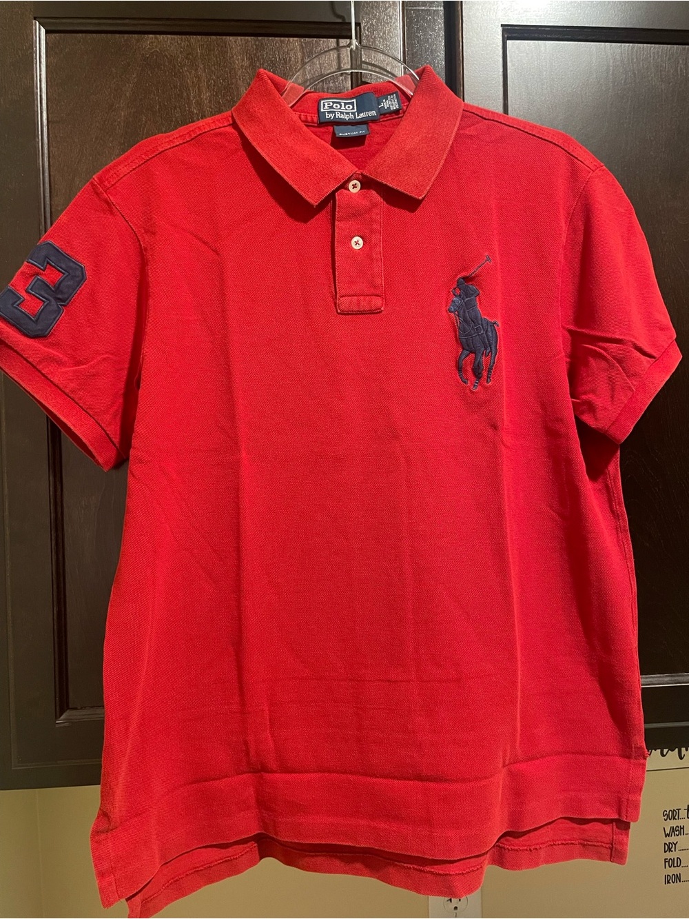 Vintage Late 90’s Red Polo Ralph Lauren Polo Big Pony & Blue Number 3 on Sleeve